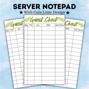 Restaurant Server Book Guest Check Notepad Clear Sections for Table Number Drinks Apps Entrée & Sides Dessert Vibrant Lime Theme Fun Festive Touch Super Cute Design