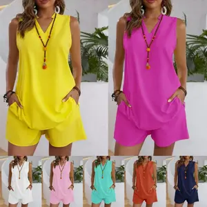 Solid Color Sleeveless V-neck Casual Top Loose Shorts Set Summer Clothes Women Pants