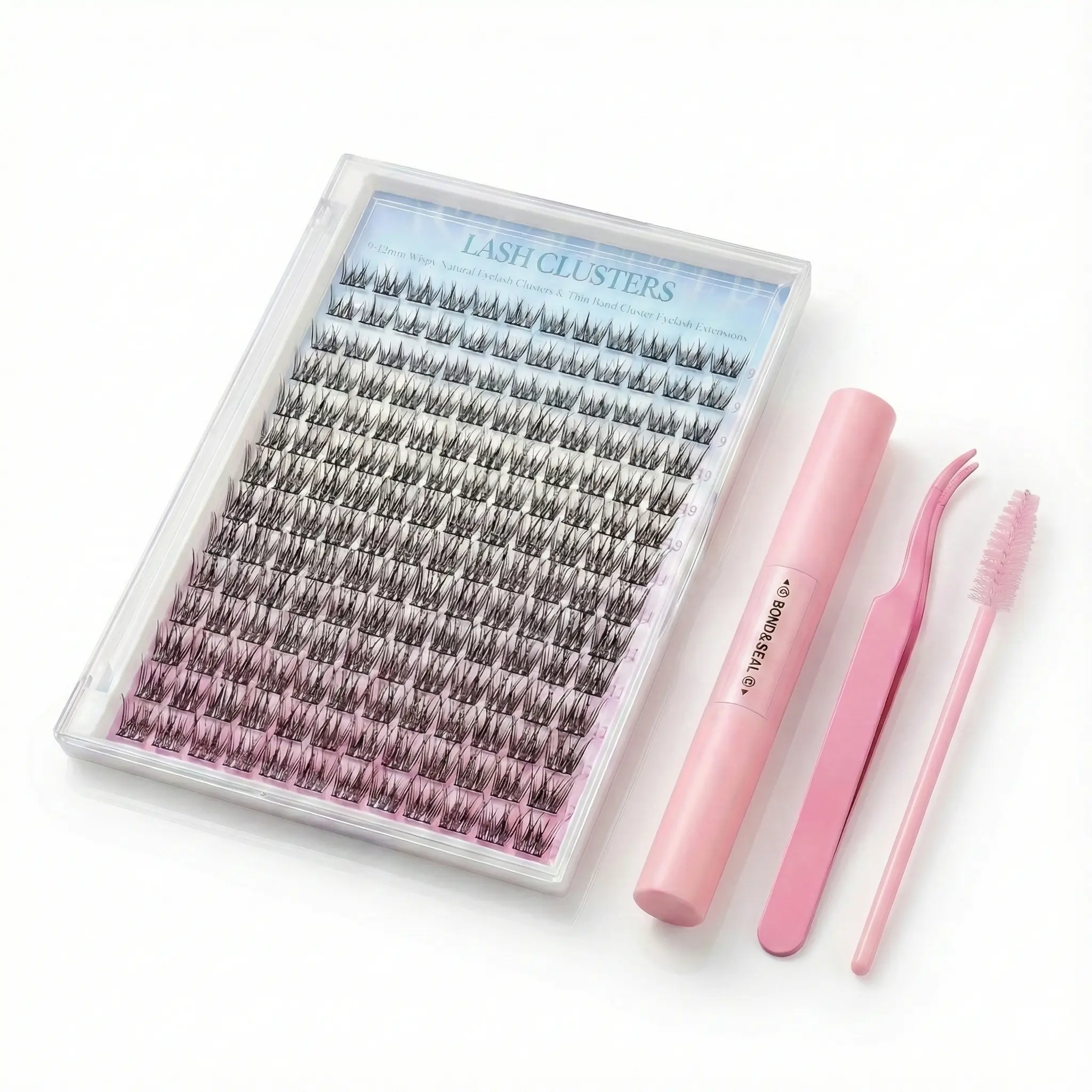 Waterproof Cosmetic Cluster Lashes Kit for Beginners, 168Pcs 9-12mm Wispy Nature Salon Individual Lashes with Bond, Seal, Applicator, Tweezers & Brush, Diy Lash Tools, Lash Cluster