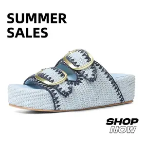 Platform Sandals For Women Raffia Espadrilles Open Toe Flatform Slip On Slide Casual Woven Summer Beach Sandals