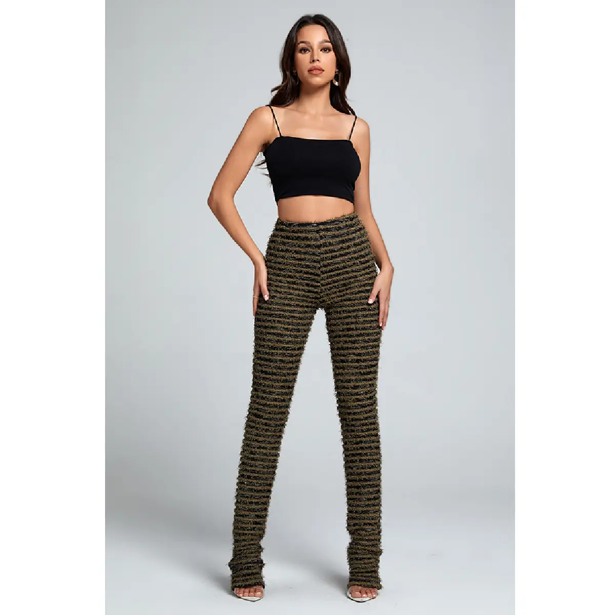Women's Knitted Striped Slim Polyester Pants, Comfortable Fit Bottoms for Daily Wear