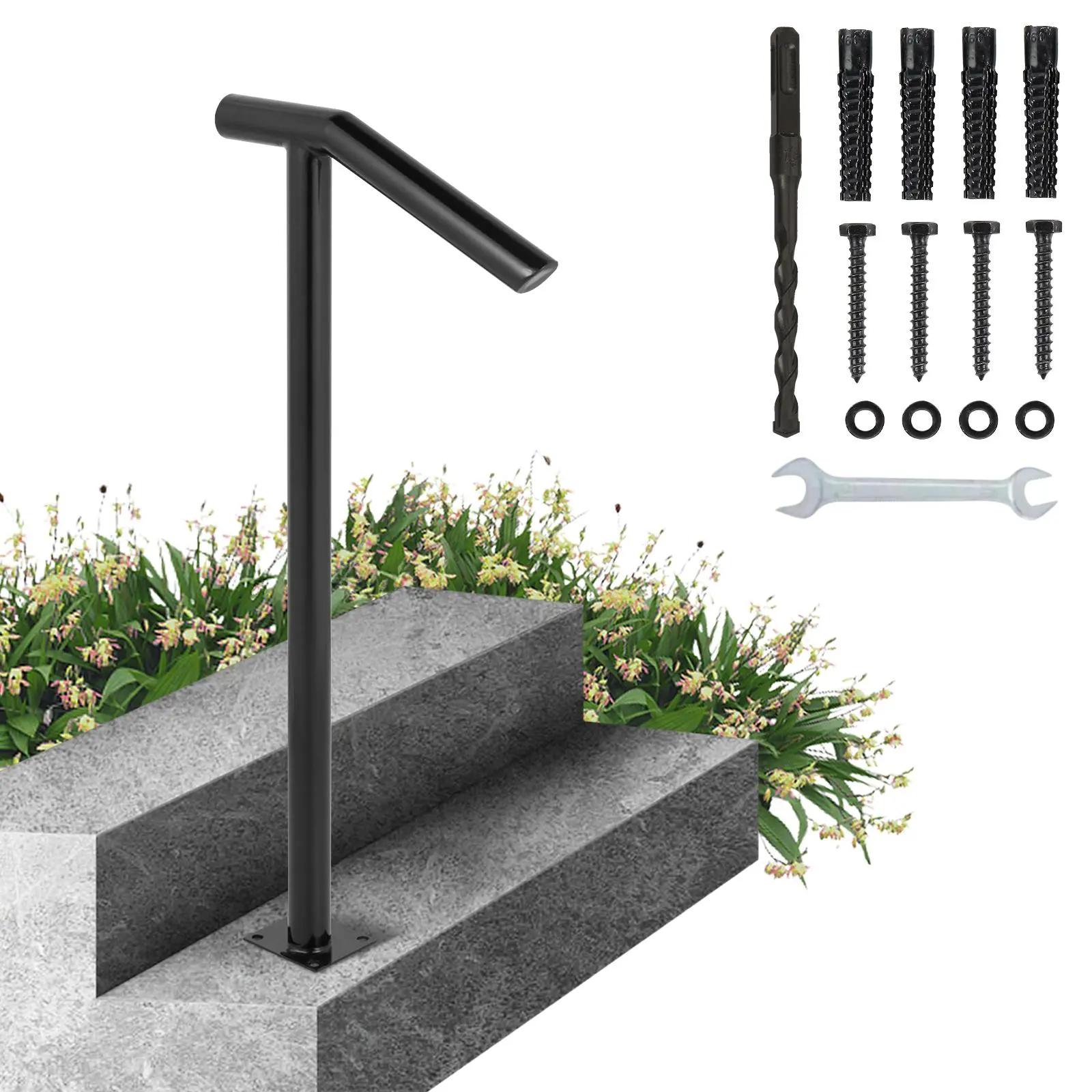 【SummerFinds】VEVOR Single Post Metal Stair Railing, Black Baking Varnish Outdoor Support Aid for Concrete 1-2 Steps, Hotels & Gardens Use, 441LBS Capacity, Includes Expansion Bolts & Drill Bit (Suitable for Pregnant Women, Durable for Years of Use)