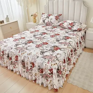 Floral Print Ruffled Edge Bed Skirt Set, 3 Counts/set Including 1 Bed Skirt & 2 Pillowcases without Filler, Comfy Bedding Set for Home Bedroom, Christmas gift, Decorative Bedding Set, Bedskirt Set