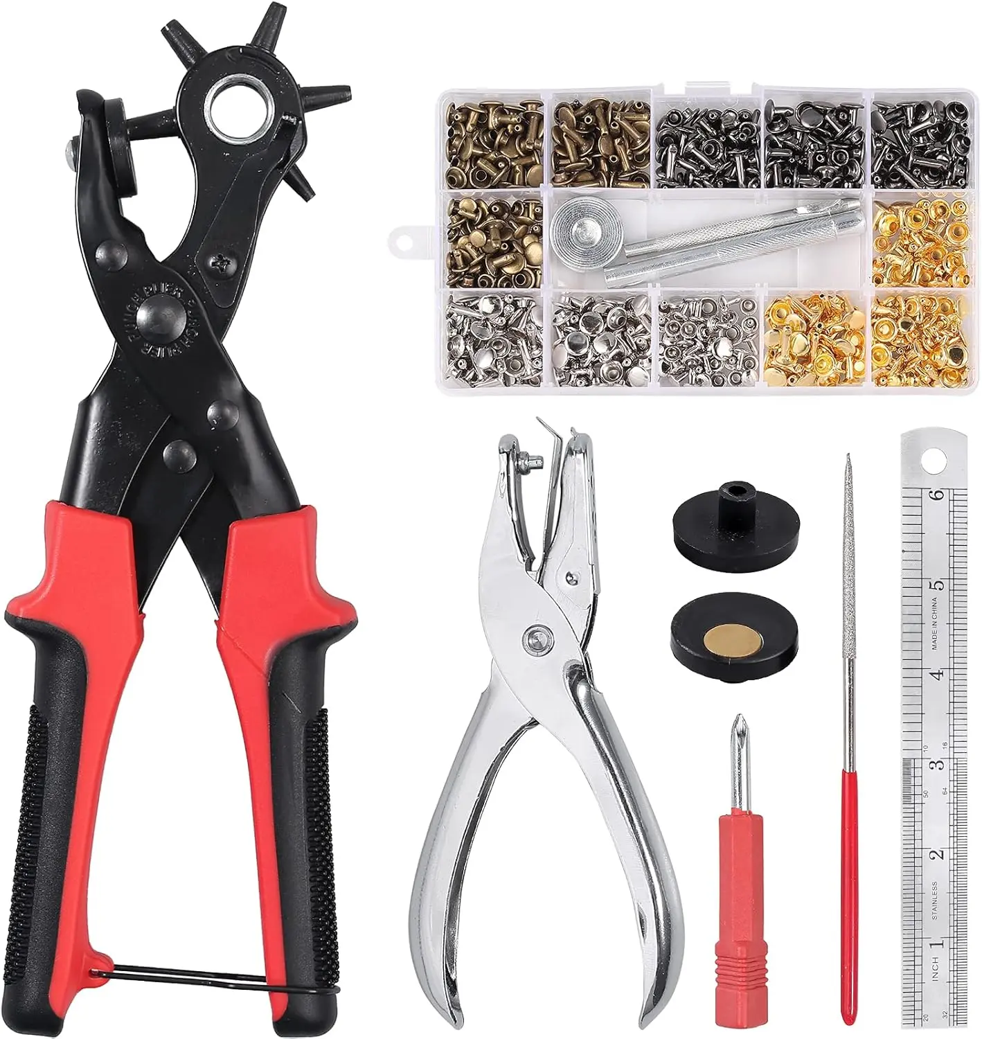 240 Pcs Leather Hole Punch Set,Including Leather Double Cap Rivets with Heavy Duty Punch Plier,Belt Hole Puncher Revolving Hole Punch Rivets Tool Kit for Belt Shoes Fabric,Hand Tools Kits,Summervibes