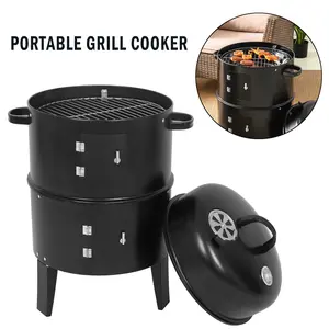 3-in-1 Portable BBQ Smoker Grill - Multi-Layered Detachable Cooker with Thermometer for Outdoor Grilling & Camping