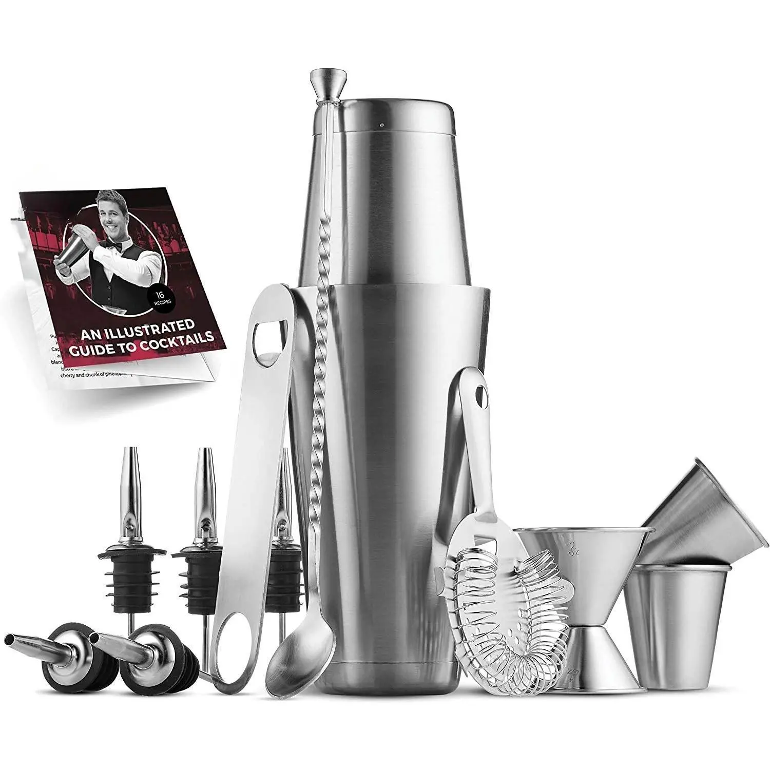 Expert  Shaker Home Bar Set - 14 count Stainless Steel Bar Tools Kit with Shaking Tins, Flat Bottle Opener, Double Bar Jigger, Hawthorne Strainer, Shot Glasses, Bar Spoon, and 6 Pour Spouts.