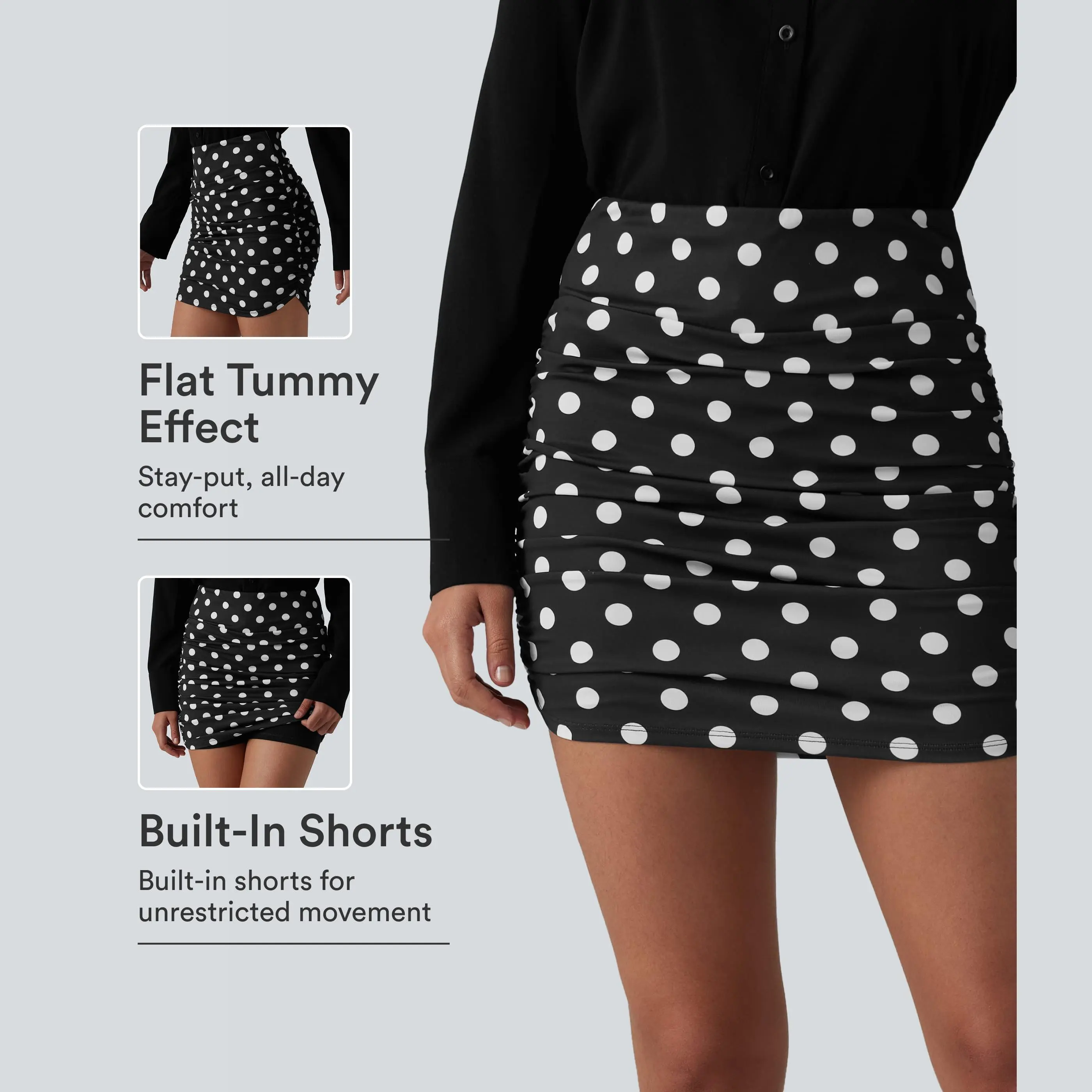 Halara High Waisted Tummy Control Ruched Curved Hem Bodycon 2-in-1 Printed Mini Skirt