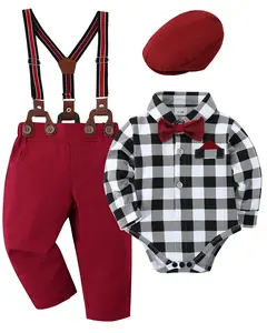 Baby Boy Suits  Wedding Baptism Church Outfit , 0-18 Months Infant Boy Gentleman Set, Dress Shirt+Vest+Suspender Pants+Bowtie boys Cotton cute clothes set