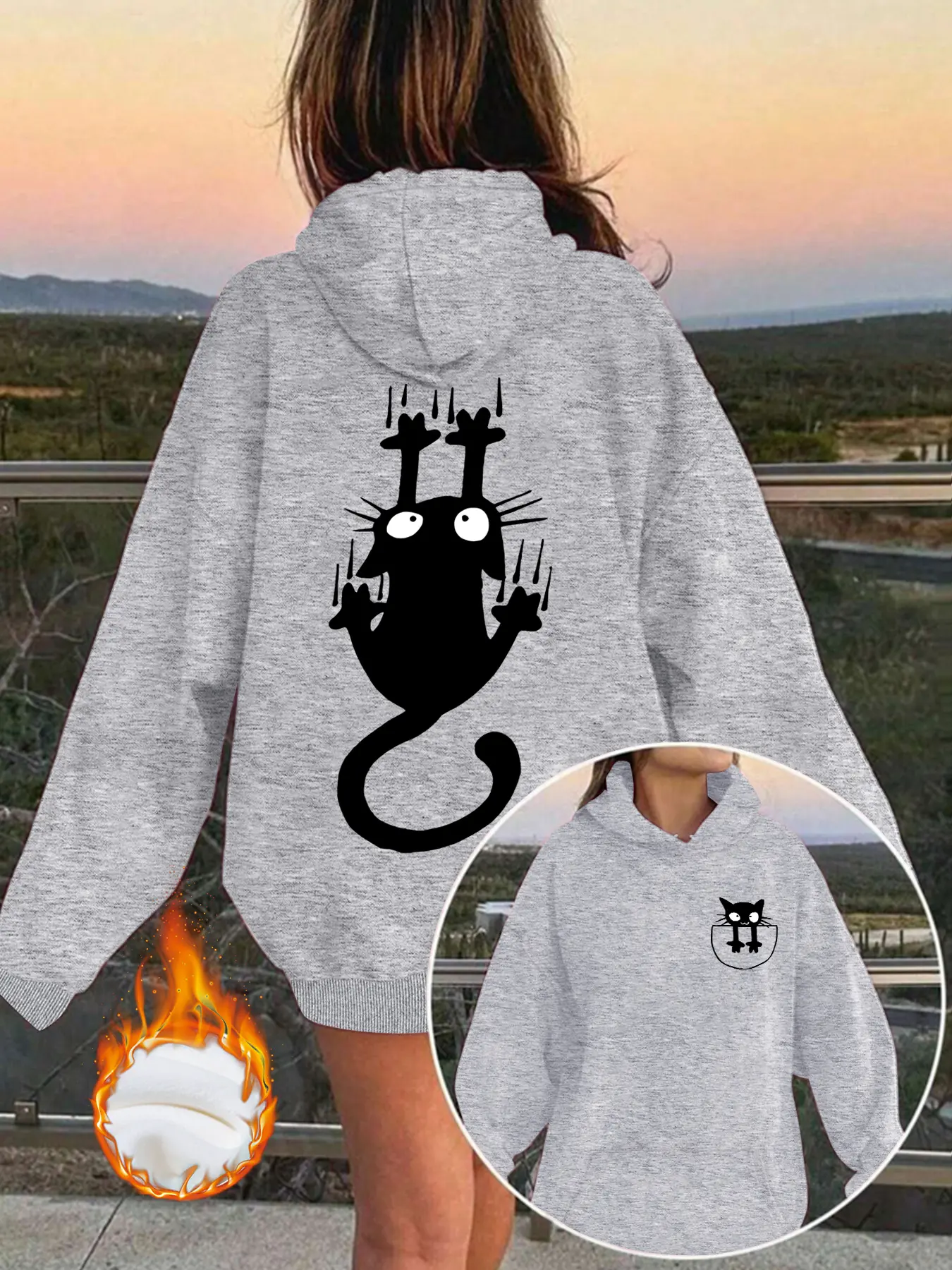 Women's Casual Hooded Sweatshirt with Cute Cat Print, Thick Knit Pullover with Front Pocket, Fall & Winter Jumper