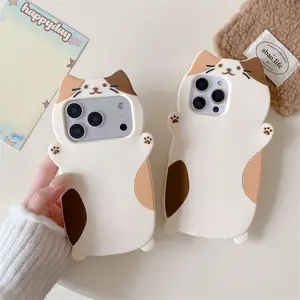 3D Cartoon Calico Cat Silicone Shockproof Phone Case For iPhone 17 16 15 14 13 Cute Protective Cover Thickened Silicone Casing Protective Cellphone Casing
