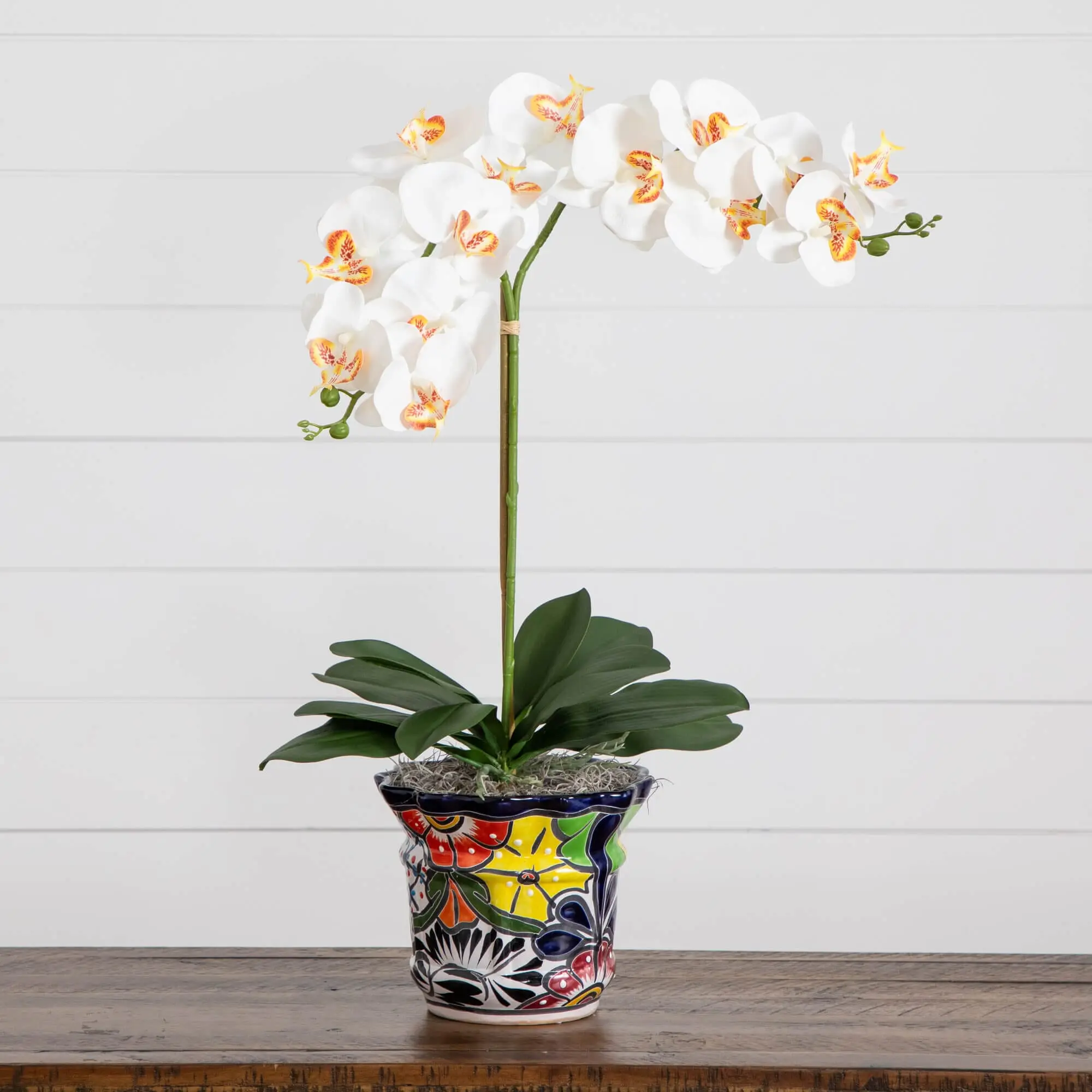 26-in Bendable Artificial Double Orchid Arrangement - Handmade Mexican Talavera Ceramic Planter, Decorative Floral Decor, Beach-Jungle Vibe Indoor Home Decor for Space Enhancement