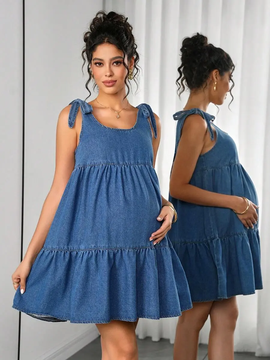 LUNA LAYER Womens Maternity Scoop Neck Sleeveless Denim Jumpsuit Dress