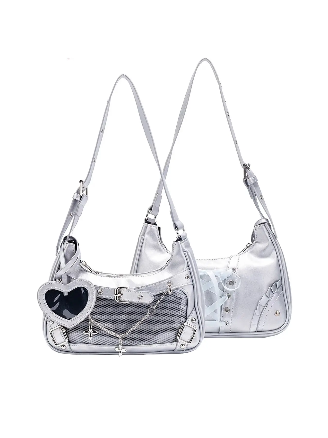 【Cute & Compact】Japanese Anime "Ita Bag" - Small Clear Badge Display Casual Aesthetic Shoulder Handbag Crossbody Shoulder Bag with Silver Heart Charm Daily one shoulder underarm handbag, suitable for students and girls to use Fashionable Bags