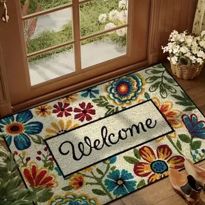 Floral Pattern Welcome Door Mat, Boho Style Welcome Letter Design Home Entrance Mat, Decorative Carpet for Home Living Room Bedroom, Decorative Area Rug
