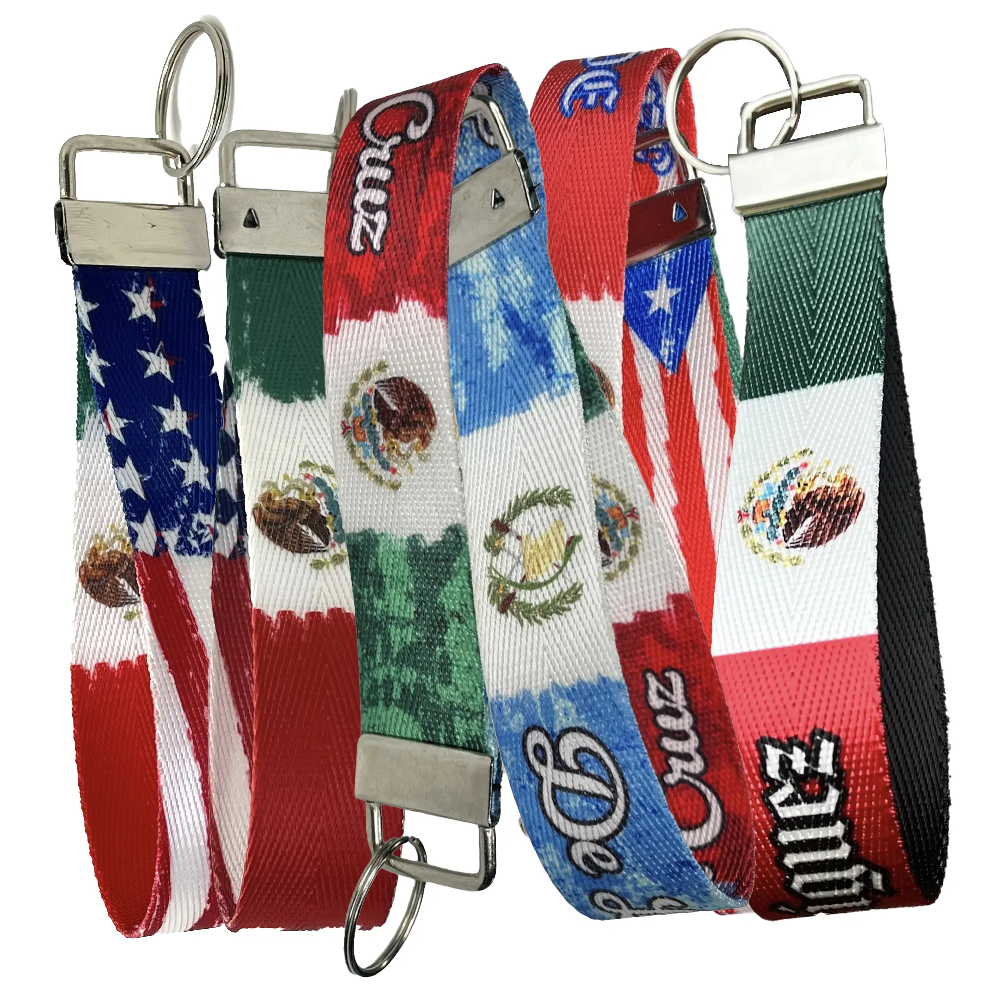 Mexican Flag Keychain Wristlet Collection - Personalized Mexico Mixed Banner Name Durable Nylon Key Fob with Custom Text Option