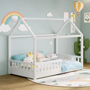 [Spring Sale] AMERLIFE Twin Size House Bed for Kids, Montessori Wooden Floor Bed Frame with Guardrails, Removable Rails, Playhouse Roof, Easy Assembly, Toddler Floor Bed for Boys & Girls