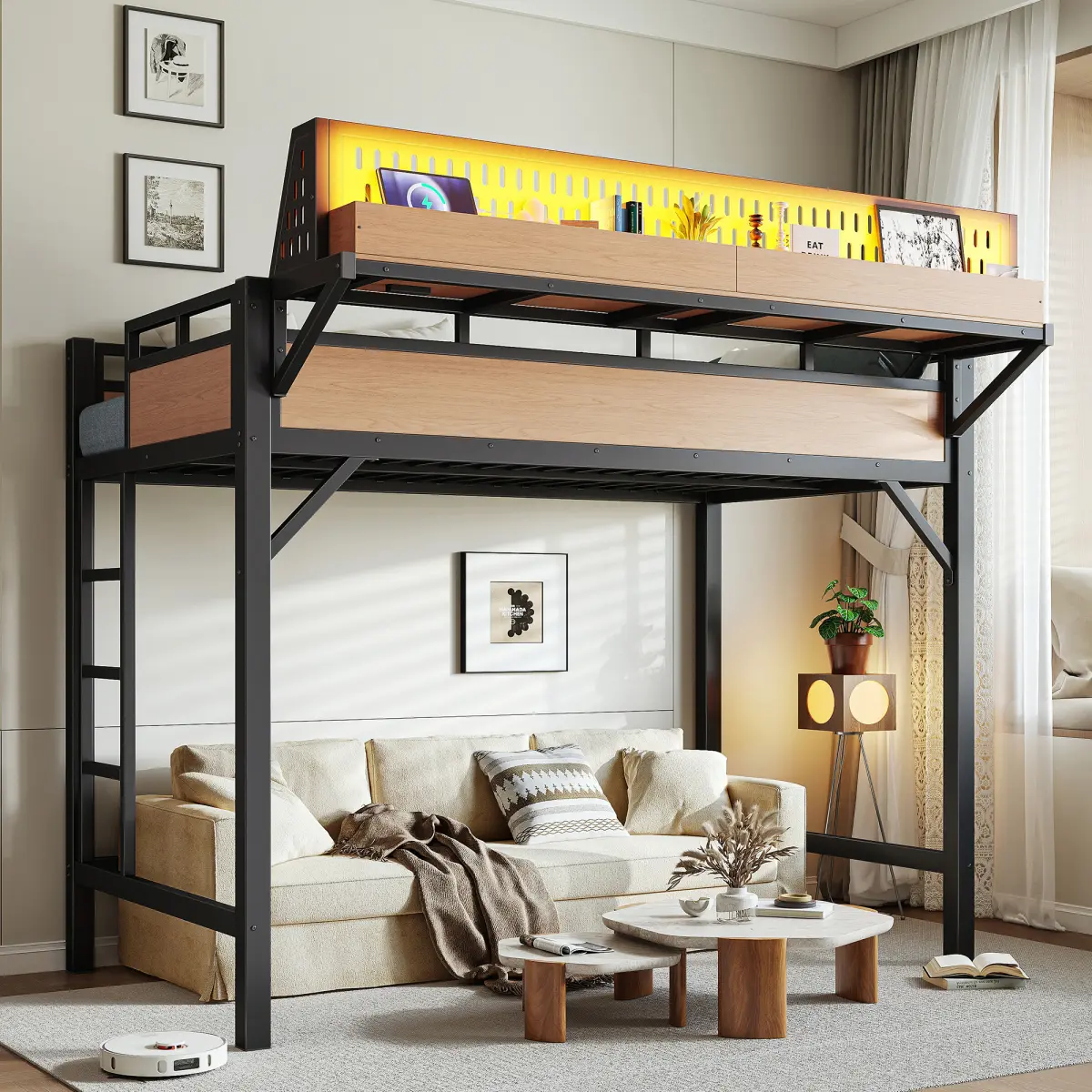 [Bellemave]  Loft Bed with Storage Shelves and Pegboard, Metal Frame with USB Ports and LED Lights, Safety Guardrail and Sturdy Ladder