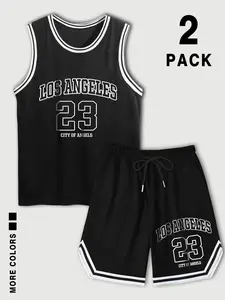 Two-Piece Set Men's Letter & Number Print Basketball Jersey & Shorts Set, Regular Fit Sporty Sleeveless V Neck Top & Shorts, Summer Clothes Set for Men, Workout Clothes