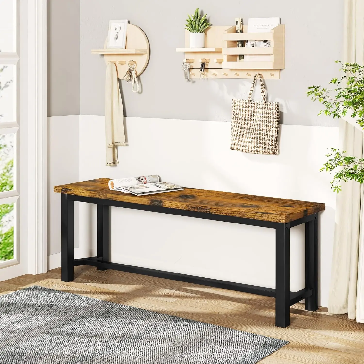 AWQM Dining Benches 39 Inch Pair of Kitchen Benches, Industrial Style for Kitchen, Living Room, Bedroom, Featuring Durable Metal Legs,Black and Brown