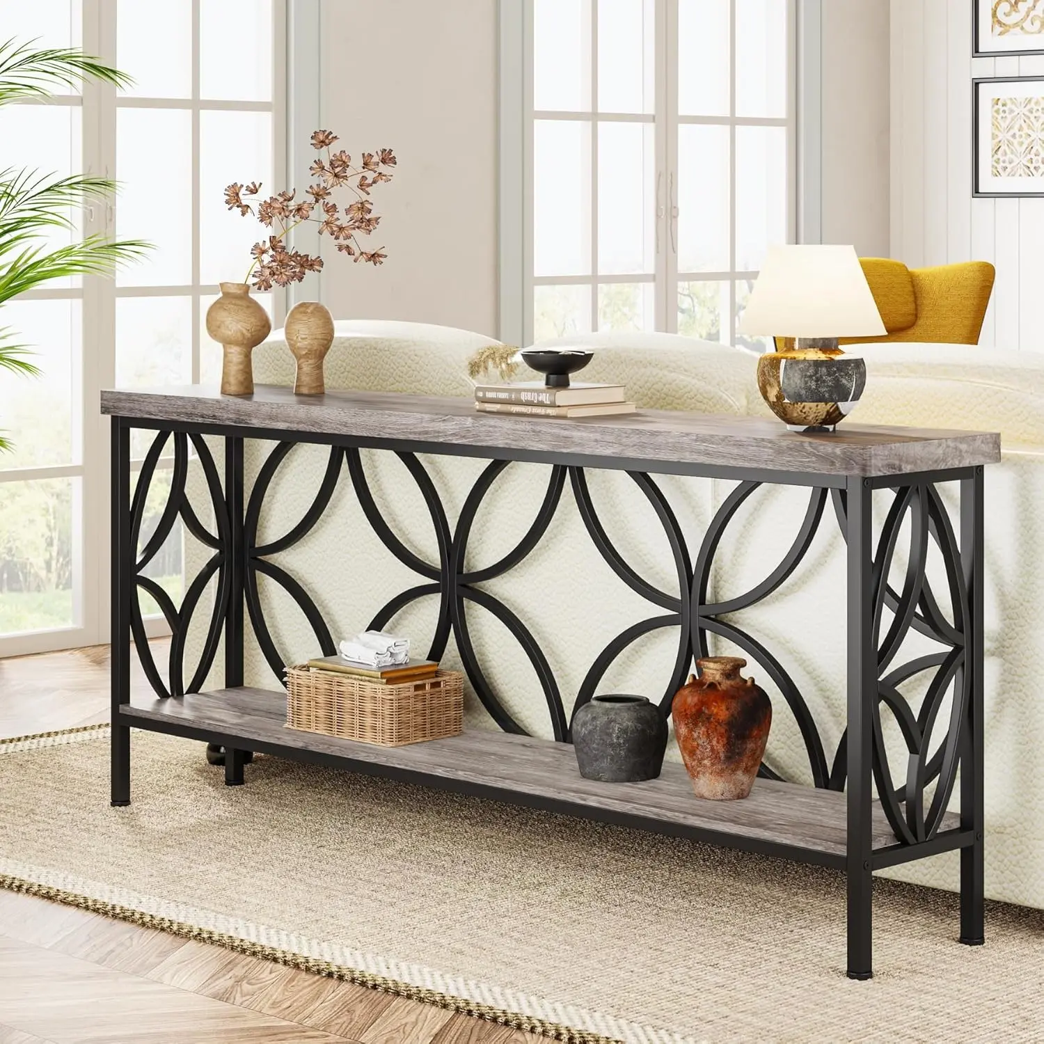 LustreC 70.9-Inch Industrial Narrow Sofa Table - Vintage Grey, Entryway Decor, Storage Functionality, 18-Month Quality Guarantee, 198 lbs Per Shelf, 52.8 lbs, for Living Room, Entryway