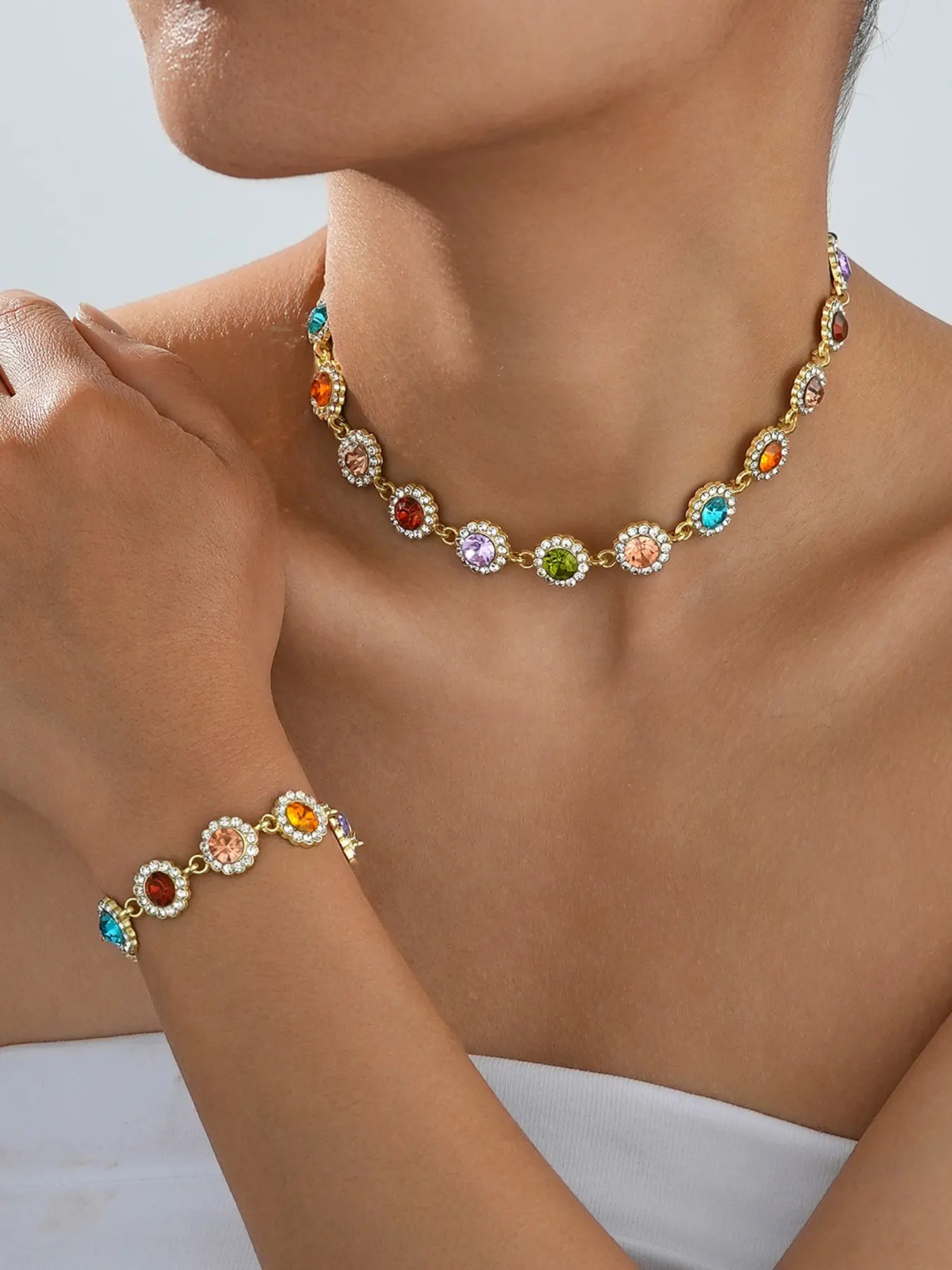 2-Piece Colorful Rhinestone Bombshell Jewelry Set, Elegant Fashion Necklace and Bracelet Set, Women's Daily Wear, Party, Wedding Gift, Jewellery Gift Set
