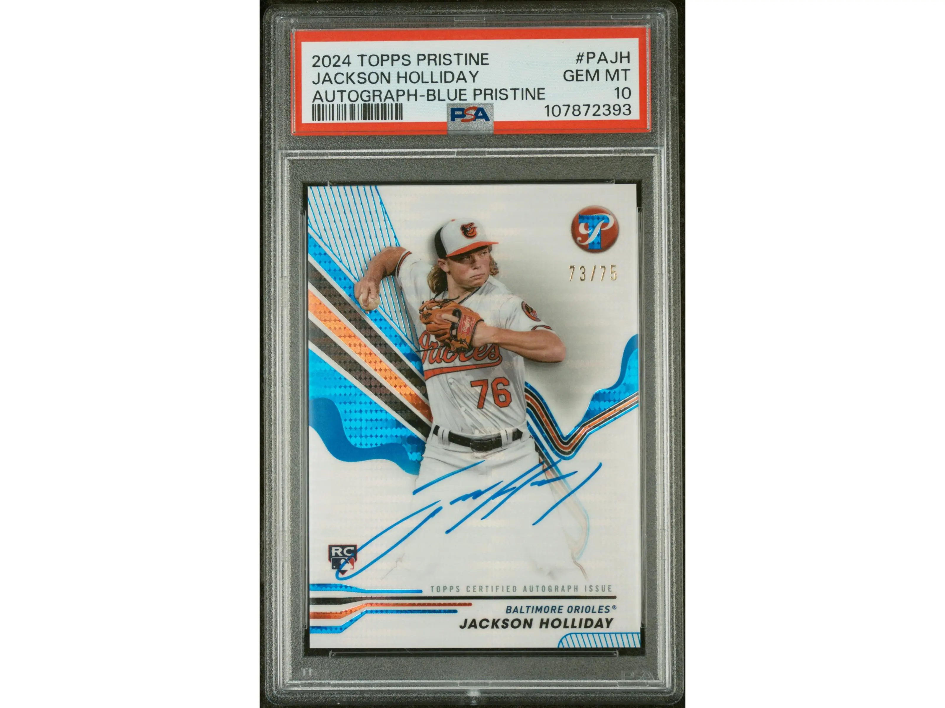 2024 Topps Pristine Pristine Autographs Autograph-Blue Pristine Jackson Holliday #PAJH /75 PSA 10