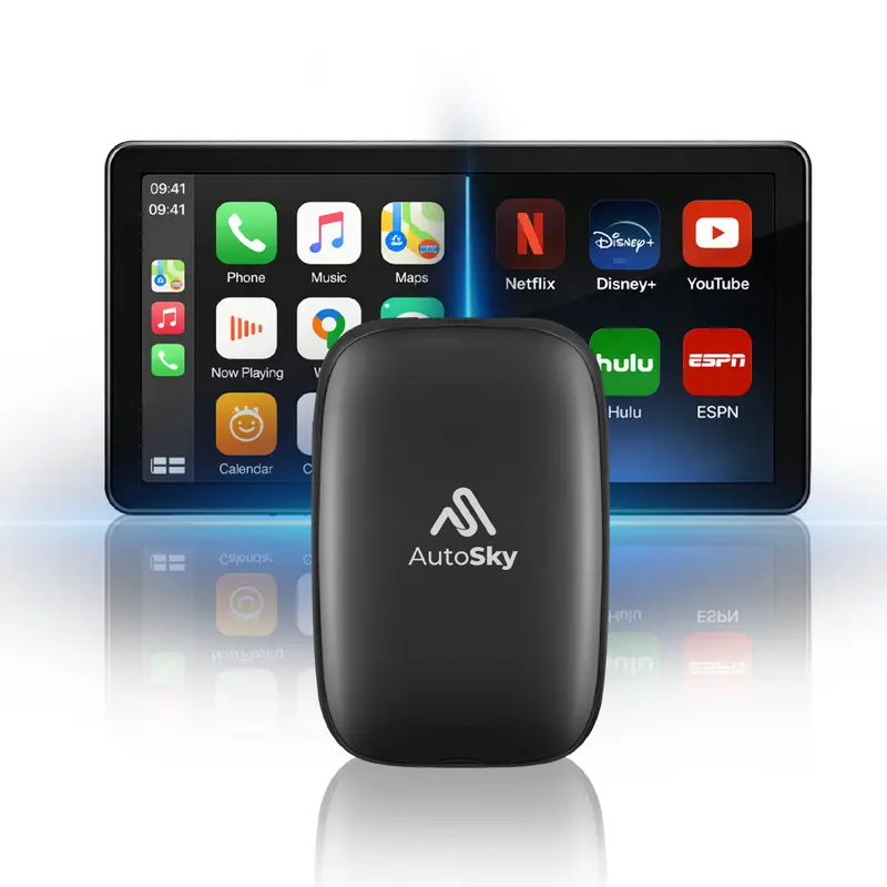 AutoSky AI Box Lite Wireless CarPlay Adapter - Car Video Player, Plug&Play, Wireless Android Auto, Wi-Fi Streaming for Road Trips, 2 Streaming Apps (Netflix, YouTube), Houston, TX-Based Support, Auto Accessory | Requires Factory Wired CarPlay