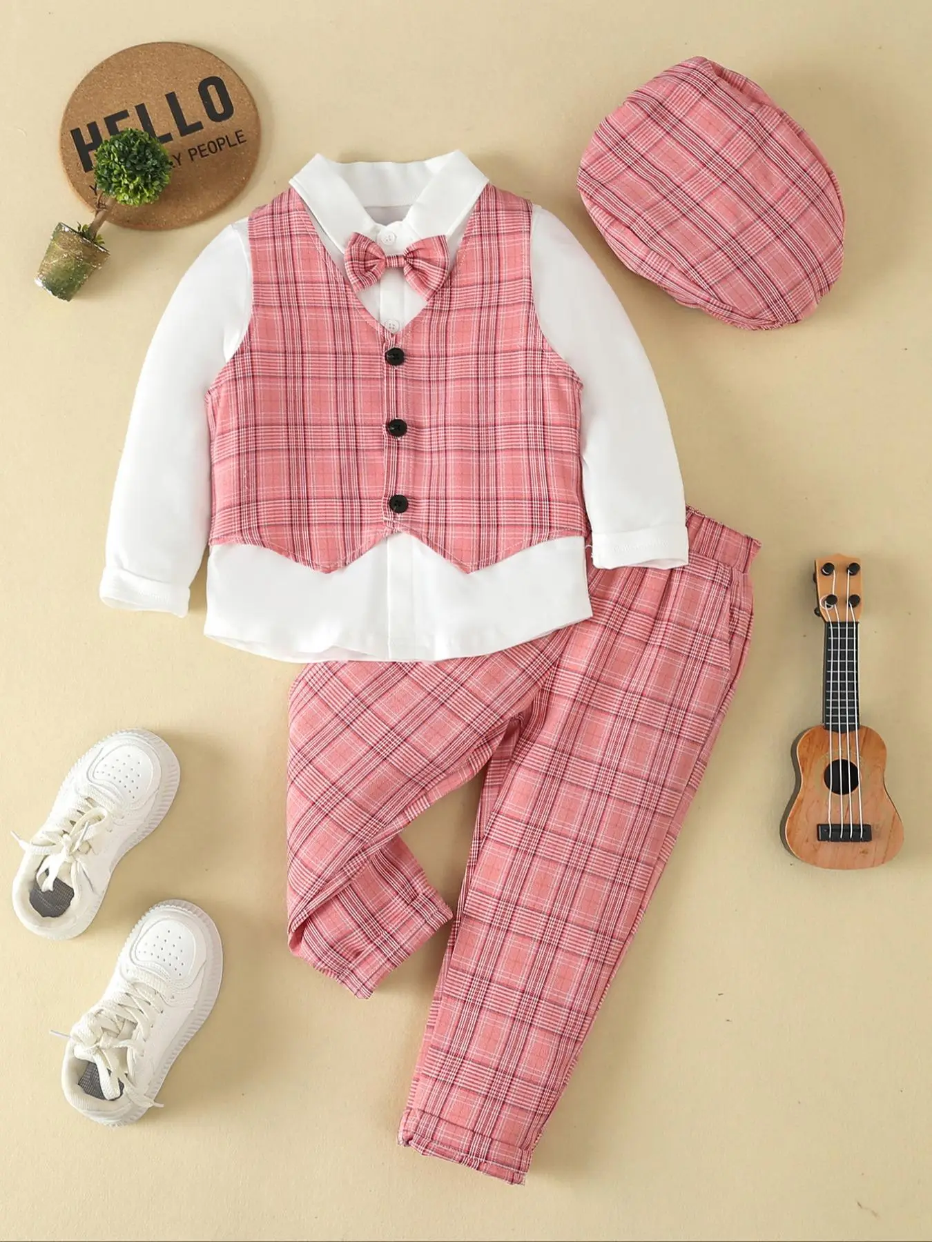Three-piece Set Boy's Bow Tie Button Front Shirt & Elastic Waist Pants & Plaid Print Vest Set with Hat, Long Sleeve Collared Top & Pocket Trousers & V
