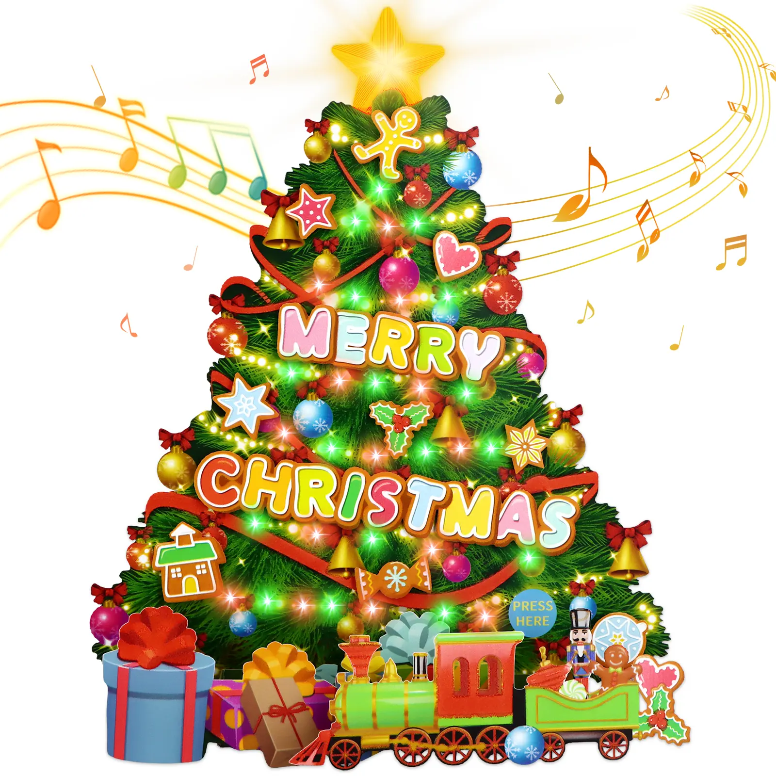 FaCraft Musical Holiday Card - Handmade 3D Pop Up Tree, LED Lights with Blinking Modes, Envelope and Seal Sticker, Blank Insert, for Christmas Parties, Children, Winter Decorations, Family