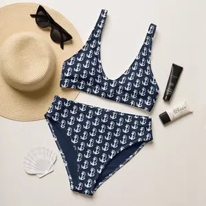 Nautical Bikini Set - Dark Blue Bikini Set With Anchors, Navy Bikini With Anchors, Anchor Bikini, Navy High Waist Bikini, Lined Bikini