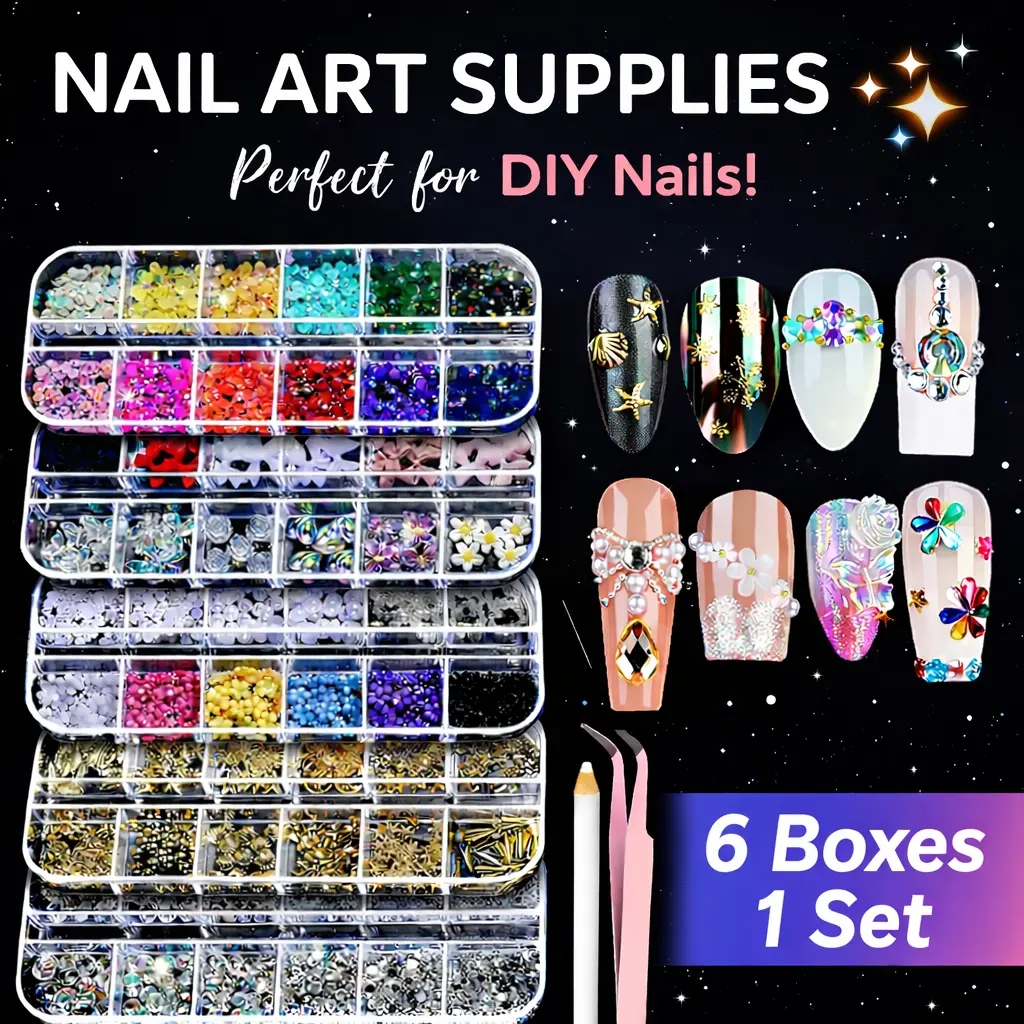 Nail Charms compelet Set - 6 Boxes Nail Art Supplies with Rhinestones, 3D Decals, Pearls for DIY Nails, Gold & Silver Gems, Tweezer, Wax Pencil, Nail Kit Set