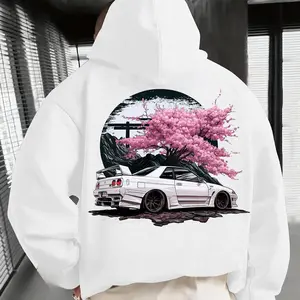 Men's -Inspired Cherry Blossom & JDM Car Print Hooded Sweatshirt - Winter Warm Pullover with Text Loose Fit Casual texas degenerate hoodie hoodies  teens street style larry  bird duck graphic pullover qr code bleac clearance deals today tiktok shop deals