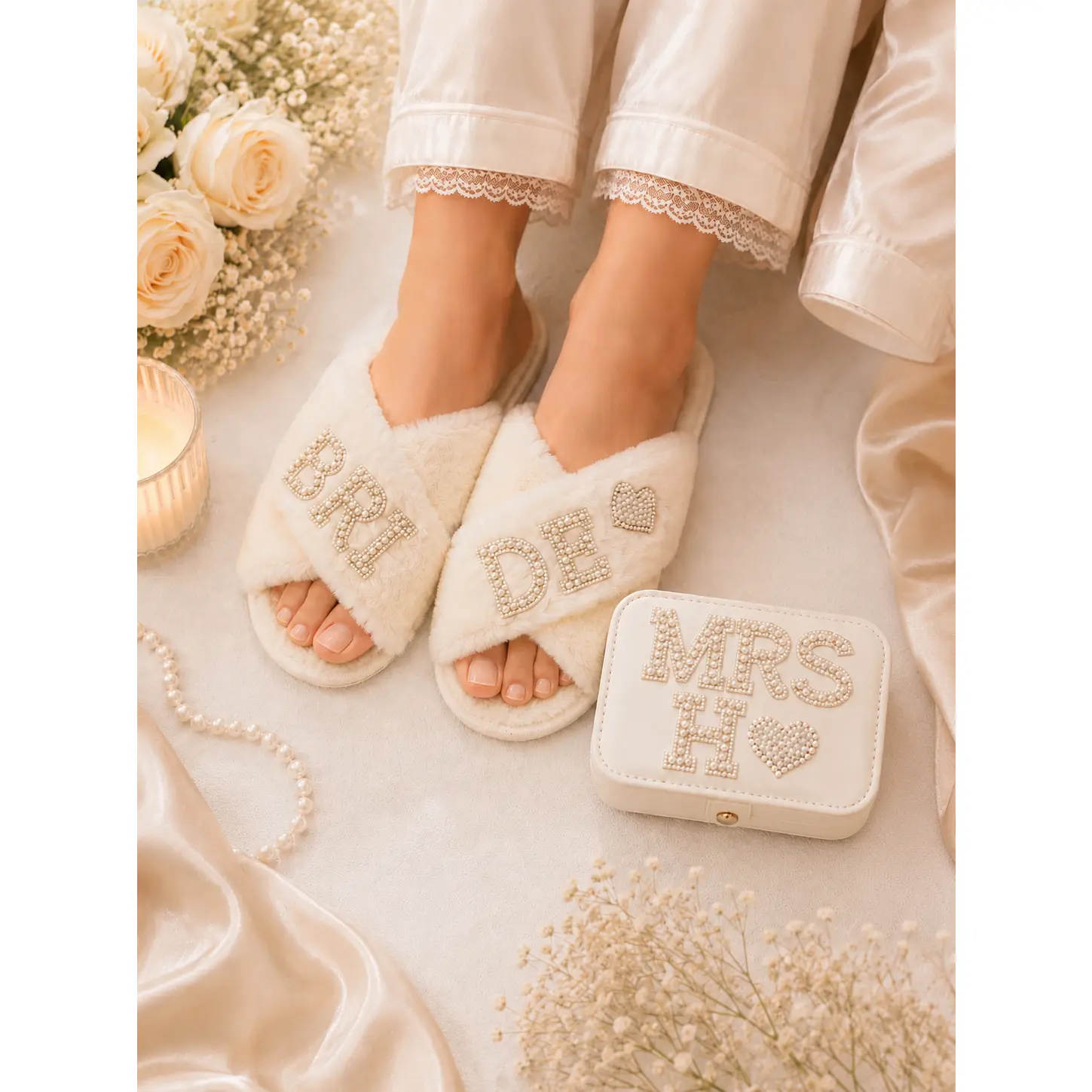 Bridal Fluffy Slippers & Mrs Jewelry Box Set