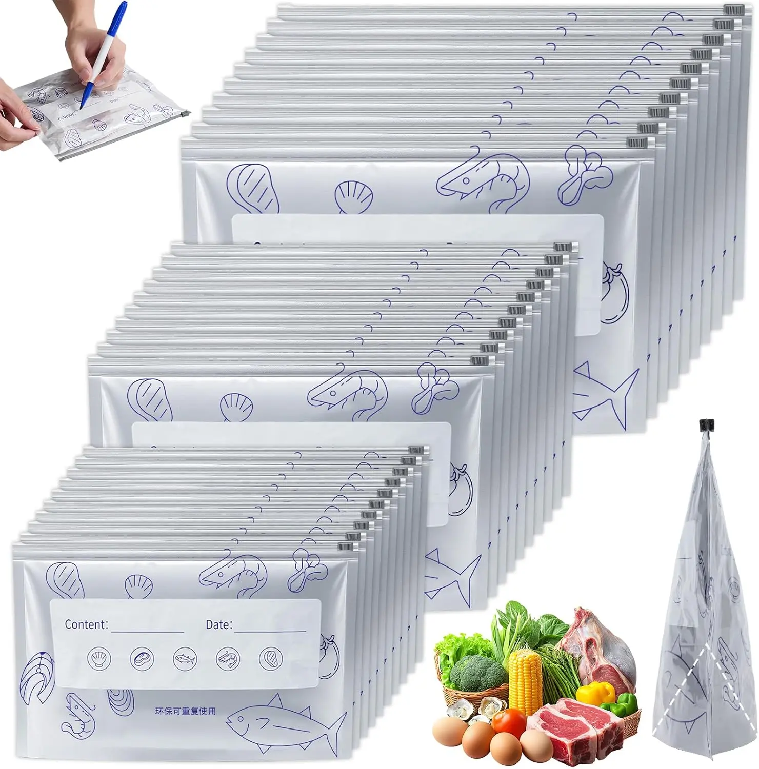 30Pcs Reusable Aluminum Foil Sealable Storage Bags, Thicken Stand Up Foil Sealable Bags with Label and Zip Lock, Aluminum Foil Bags for Food, Vegetable Fruit Meat