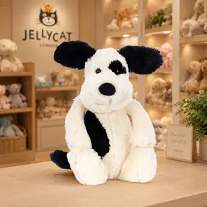 Jellycat Bashful Black & Cream Puppy Plush with Gift Bag, Cute Soft Spotted Dog Stuffed Animal, Floppy Ear Puppy Doll Gift for Kids, Baby Shower, Birthday, Nursery Decor & Plush Collectors
