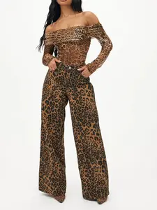She's A Wild One Leopard Print Wide Leg Jeans - Brown Combo