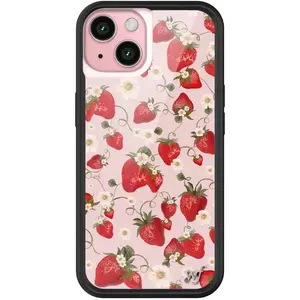 Wildflower Cases - Strawberry Fields Case, Compatible with Apple iPhone 15 | Pink, Red, Fruit, Trendy, Coquette - Protective Black Bumper, 4ft Drop Test Certified, Women Owned Small Business