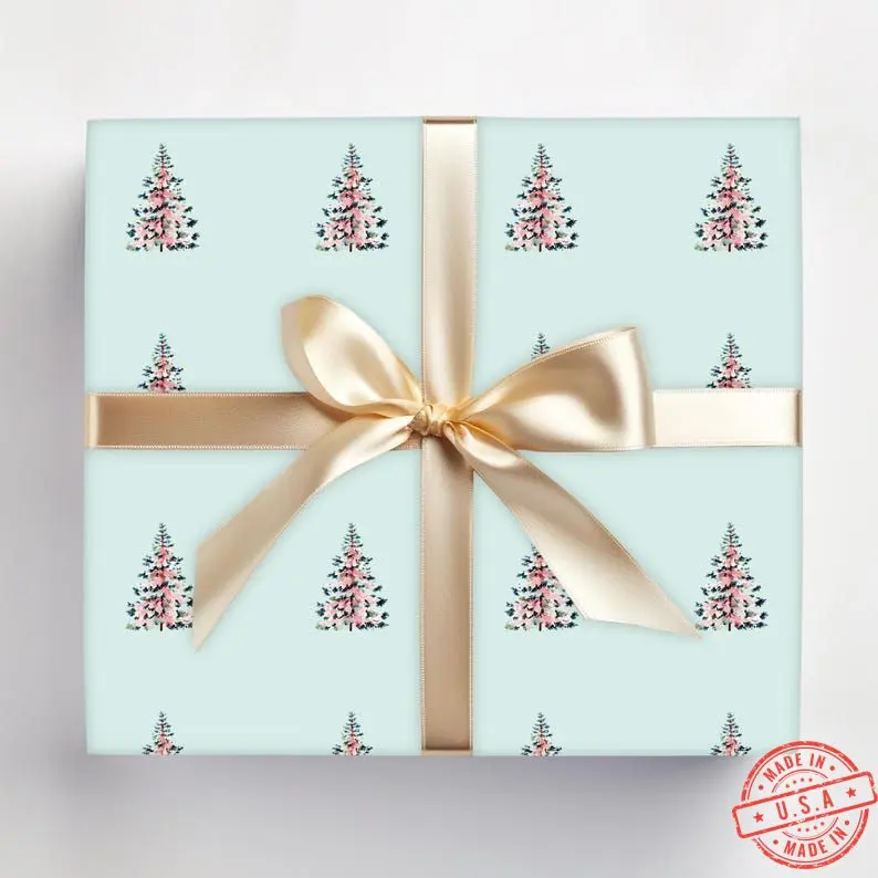 Green Christmas Tree Wrapping Paper - Preppy Watercolor Xmas Trees Gift Wrap, Pastel Chic Illustrated Wrap Mint Festive Gift Wrap