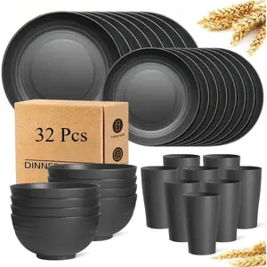 32pc Wheat Straw Dinnerware Sets,Dish Sets for 8,Plates and Bowls Set Dishwasher Safe,Unbreakable/Reusable Tableware Set,16pcs Plates,8pcs Bowls, 8pcs Cups,Plastic Dessert Parfait Cup for Party,Eco-friendly Coffee Cups for Picnic, Travel, and Events-Black