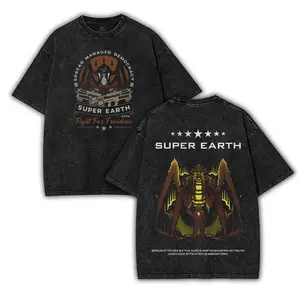 Bile Titan Bugs 'Terminids' Helldivers 2 Super Earth Washed 2 sided printed Oversize Unisex Cotton tee game merch retro black graphic design Art helldivers helmet Tops trendy gift
