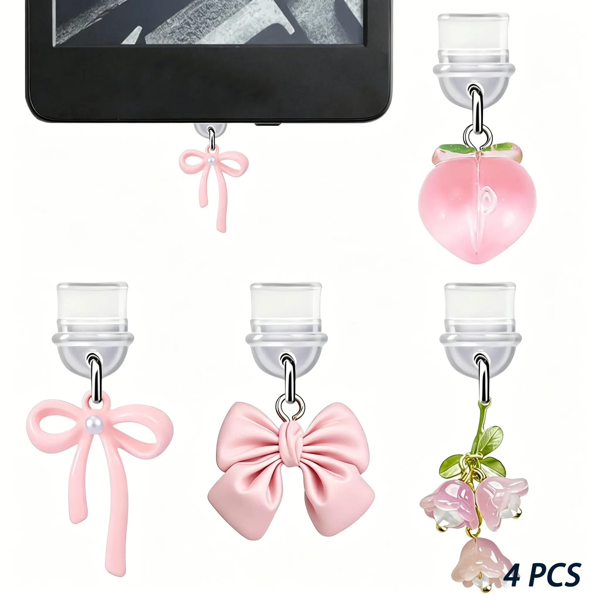 4 Piece Cute Phone Dust Plug Set, Peach, Bowknot, Wind Chime Design, Compatible with Android Type C/USB C Interface, Cell Phone Charm, Phone Accessories Charm