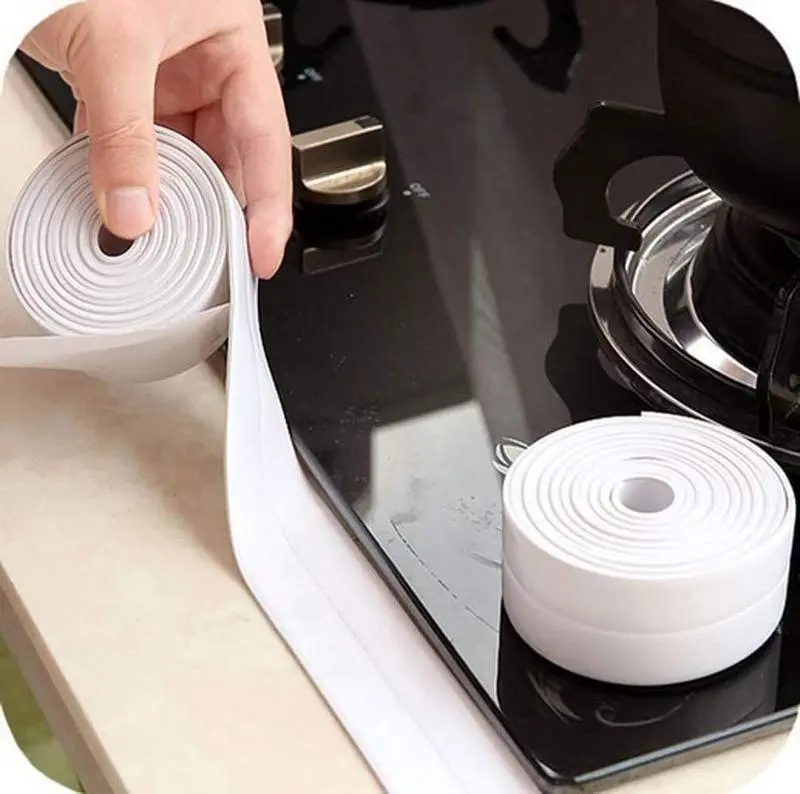 White Waterproof Caulking Tape, 3.2m Self-Adhesive Sealing Tape with Long Lasting Adhesive for Bathroom & Kitchen Sink Edges, Easy Application, Durable-Greenish