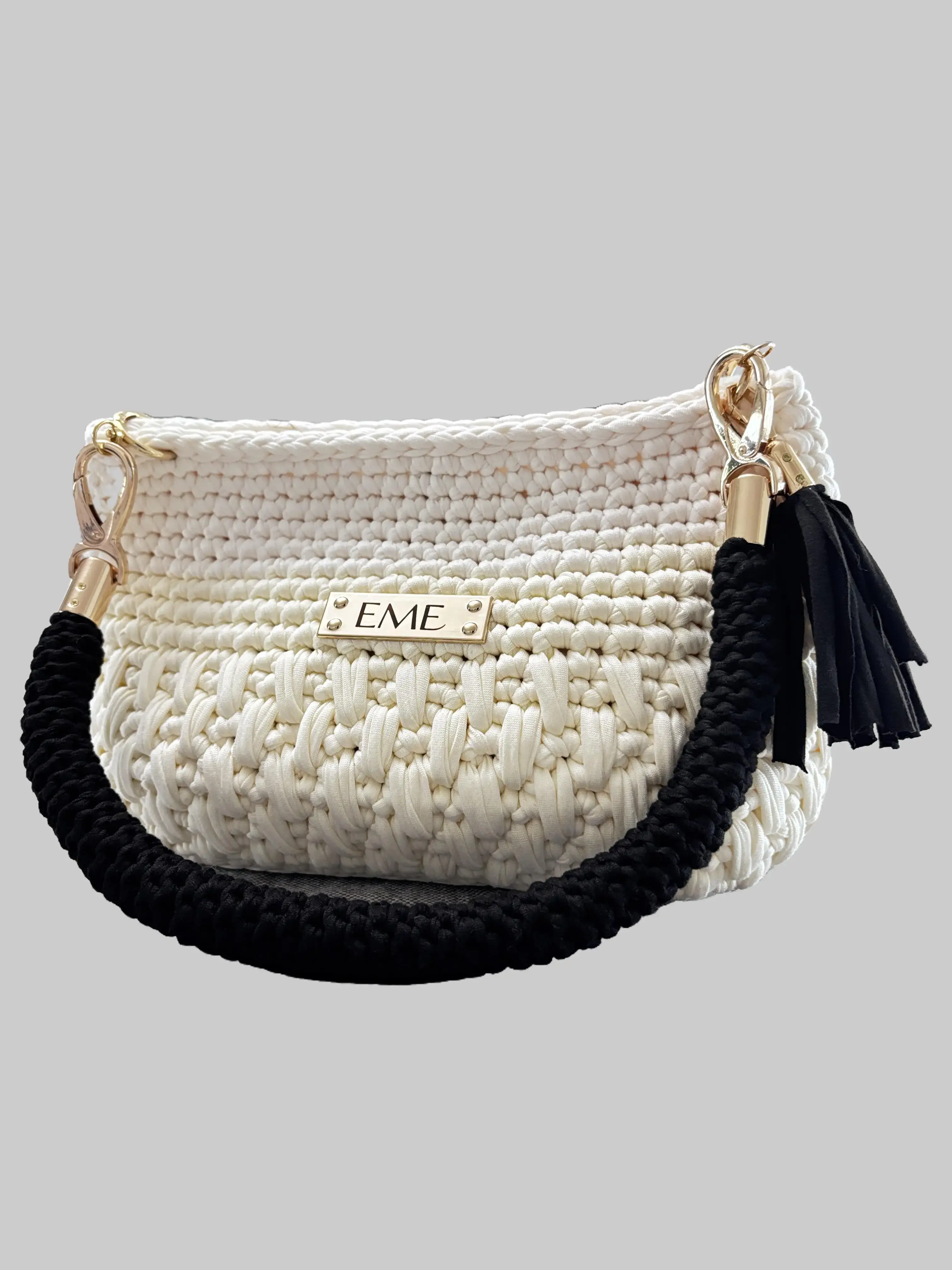 EME Handmade Legacy Women's Handmade Crochet Handbag, Elegant Black & White Top Handle Purse, Casual Lightweight Shoulder Bag