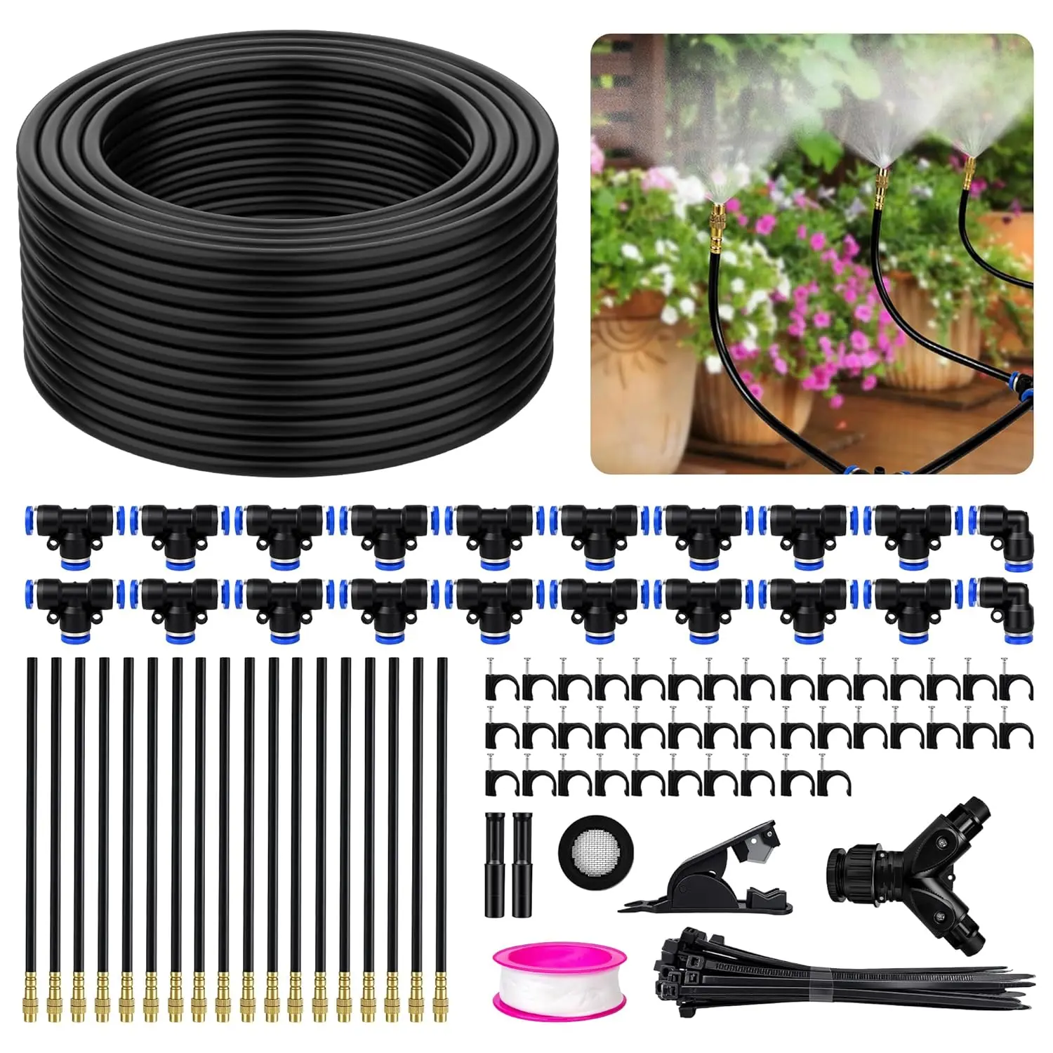 100 ft Adjustable Drip Irrigation System Kit - 360° Garden Sprinkler, Misting Set with 18 Nozzles for Yd, Greenhouses, Plant Watering, Greenhouse, Garden Sprinklers, Irrigation Kit, 100Ft + 18Pcs Nozzles And Connectors
