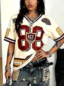 Women's Plus Size V-Neck Drop Shoulder Letter Print Loose Casual Sports Style Short Sleeve T-Shirt, Spring Summer Fall Streetwear Top, Athletic Shirt, Jersey Tee