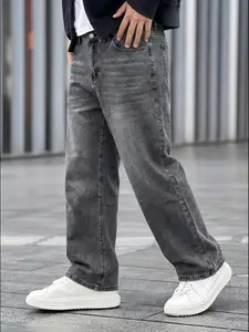 Straight Leg Denim Jeans Cotton Slant Pockets Washed Jean, Casual Streetwear Versatile Wide Leg Menswear Jeans, Couple Matching Straight Fit Loose Fit Stylish