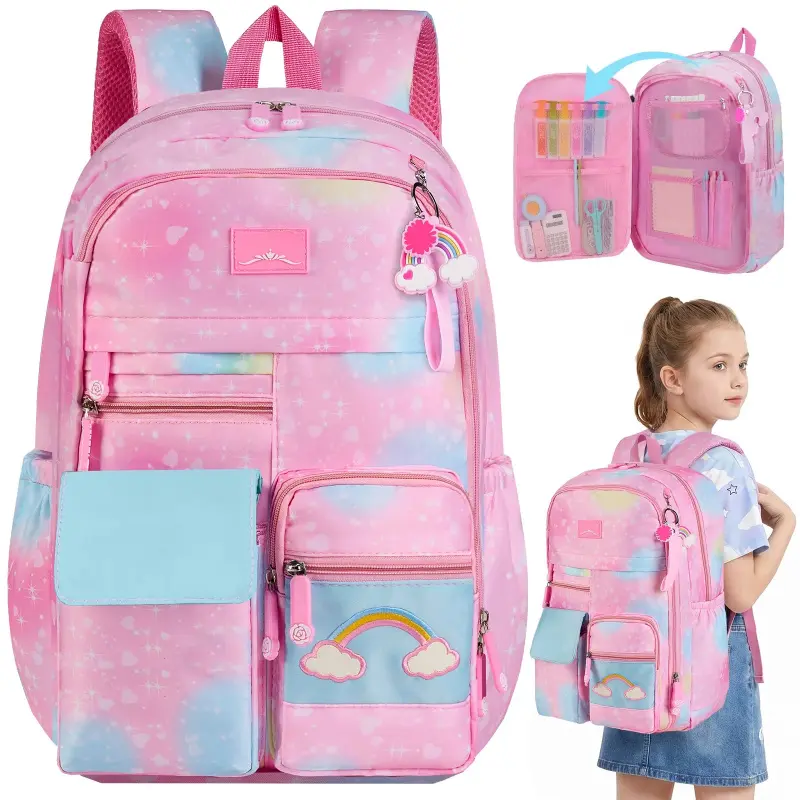 Girls' 17-Inch Waterproof Nylon Casual Printed Backpack - Starry Rainbow Design, Large Laptop Bookbag with Cute Plushie Pendant, 17.72"x12.20"x7.09" No Wheels Daypack for Elementary School & Kindergarten to High School, Great Gift Idea