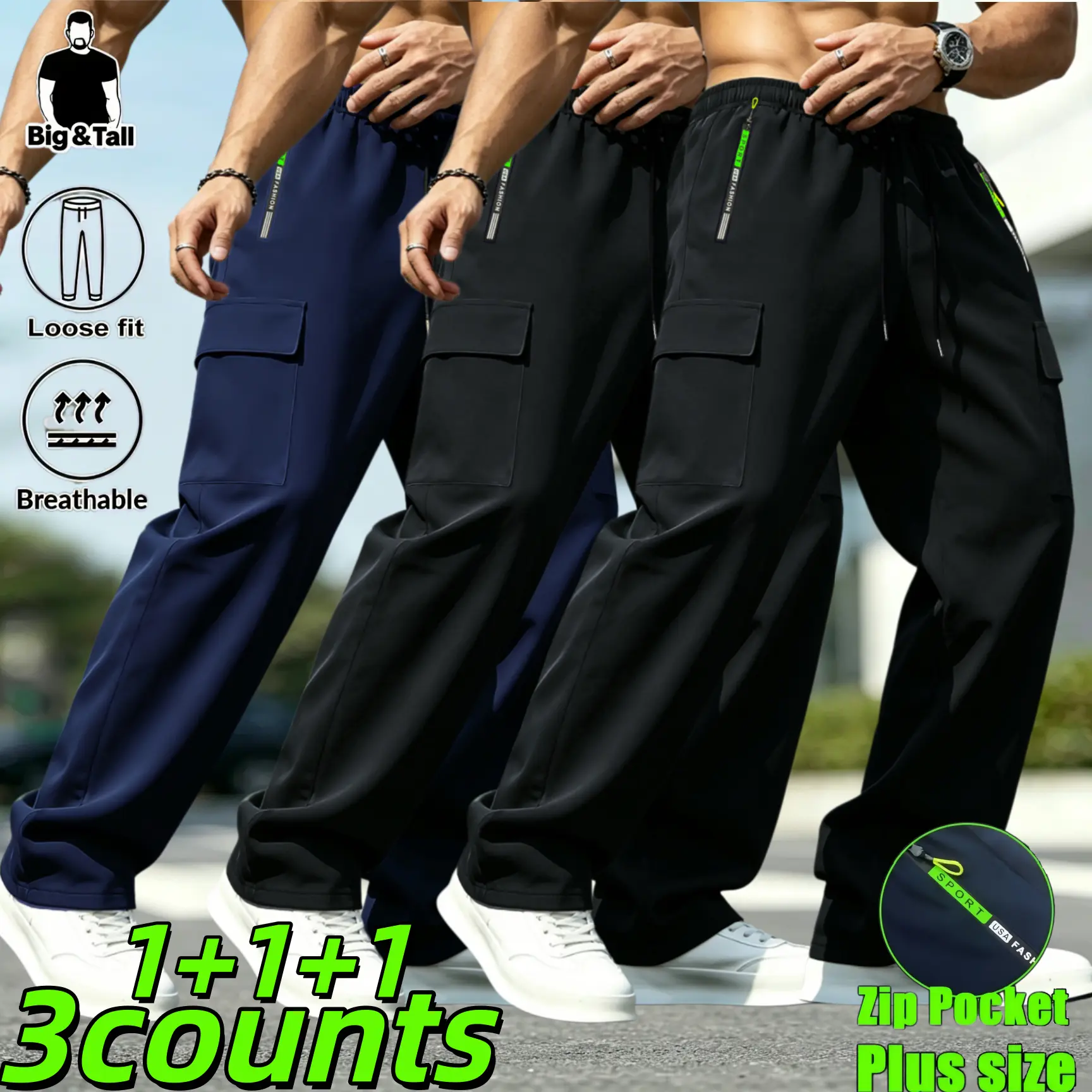 3 Pack Big & Tall Plus Size Men’s Loose Fit Cargo Pants, Breathable Lightweight Quick Dry Casual Work Trousers, Drawstring Elastic Waist Multi Zip Pocket Streetwear Pants for Outdoor Hiking Walking Daily Wear，Comfy Elastic Waist Drawstring Pants