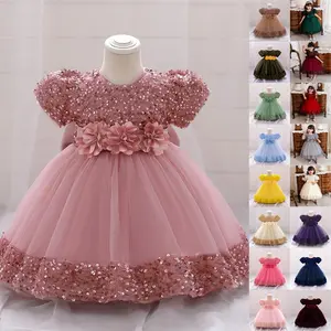 Pink Kids Clothes 2116 Big Bow 3D Flower Girls Frock Tulle Sequins Ball Gown Pageant Children Elegant Princess Prom Host Formal Evening Party Cocktail Dress 0-4Y
