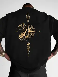Men's Summer Compass Pattern Graphic Print T-Shirt, Round Neck Short Sleeve Casual Comfortable Top, Outdoor Wear, Fitted Long Style
